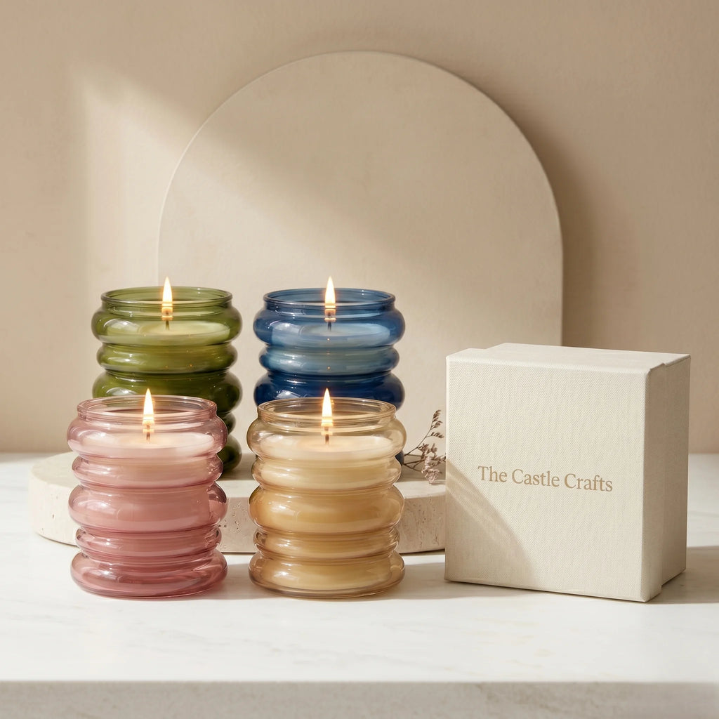 Sandalwood Stacked Ring Glass Soy Wax Candle | Large Luxury Candle — Hand-Blown Glass from Firozabad, India — Side Angle View