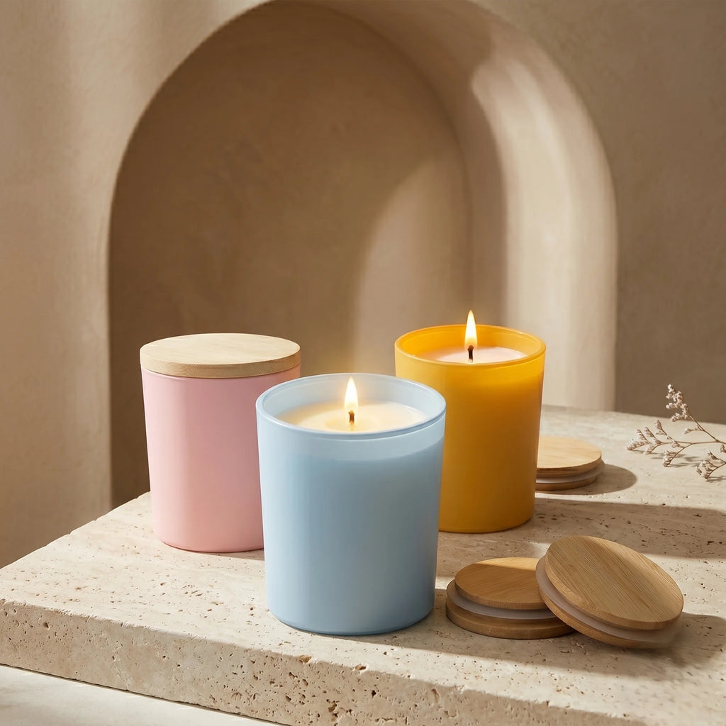 Oud Matte Glass Soy Wax Candle with Wooden Lid | Large Luxury Candle — Hand-Blown Glass from Firozabad, India — Side Angle...
