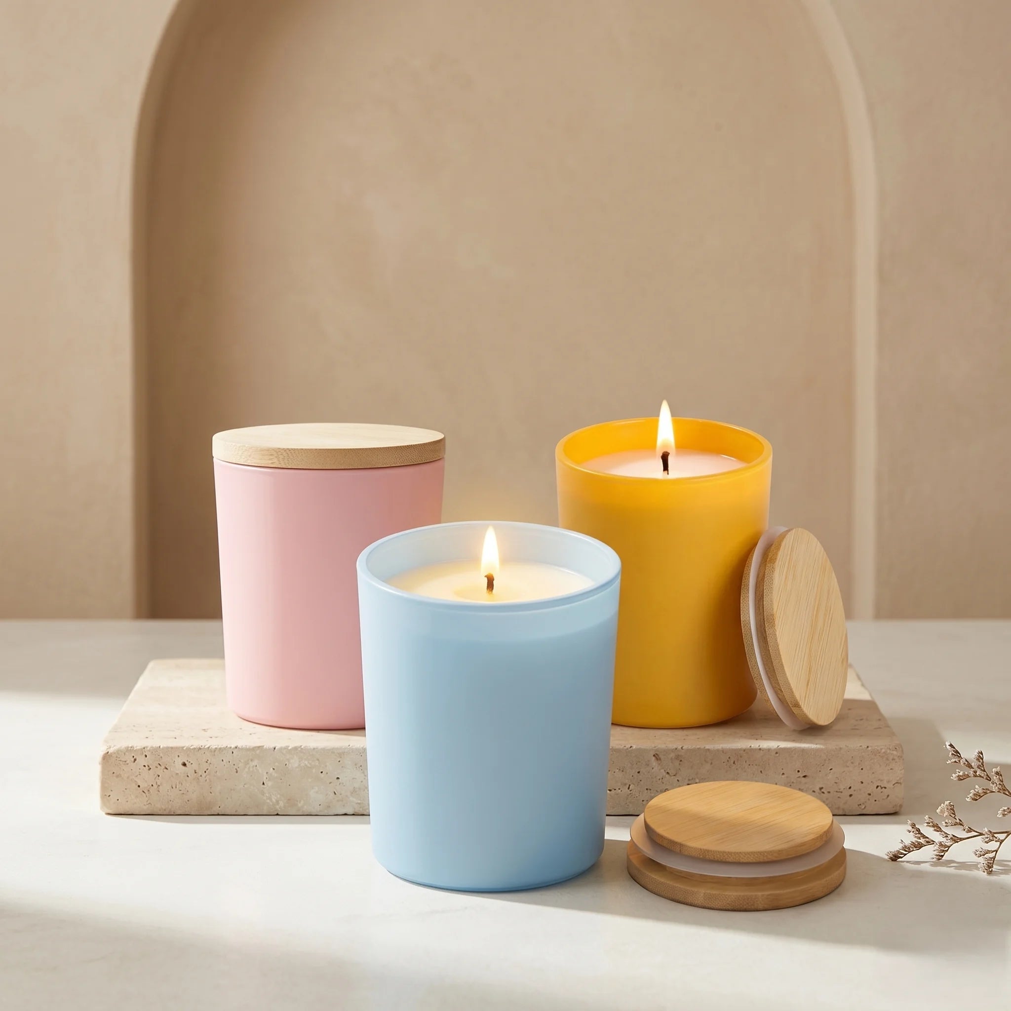 Oud Matte Glass Soy Wax Candle with Wooden Lid | Large Luxury Candle — Hand-Blown Glass from Firozabad, India — Detail Clo...