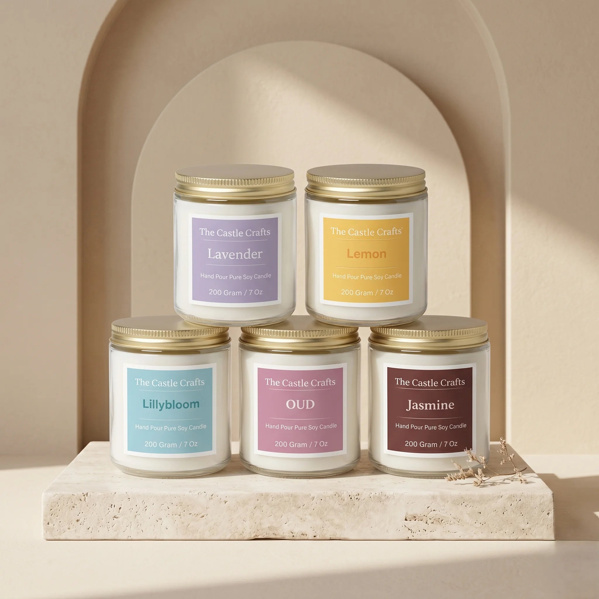 Hand Pour Pure Soy Candle | Clear Glass Jar with Gold Lid | 5 Fragrances — Hand-Blown Glass from Firozabad, India — Side A...