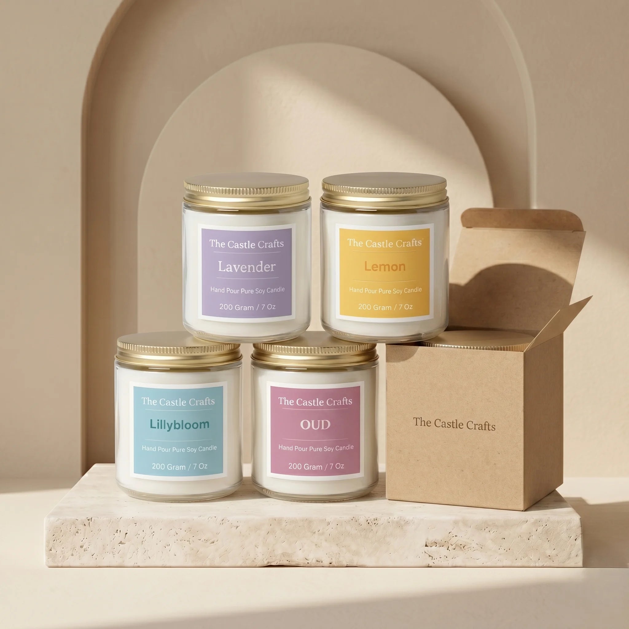 Hand Pour Pure Soy Candle | Clear Glass Jar with Gold Lid | 5 Fragrances — Hand-Blown Glass from Firozabad, India — Styled...