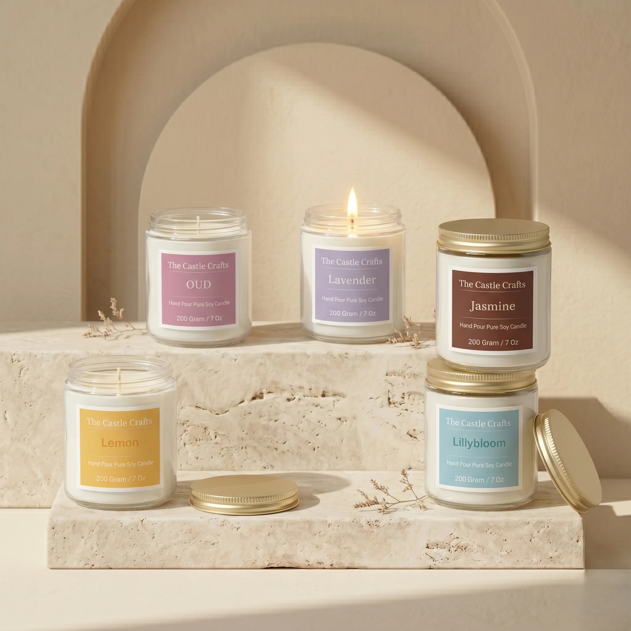 Hand Pour Pure Soy Candle | Clear Glass Jar with Gold Lid | 5 Fragrances — Hand-Blown Glass from Firozabad, India — Detail...