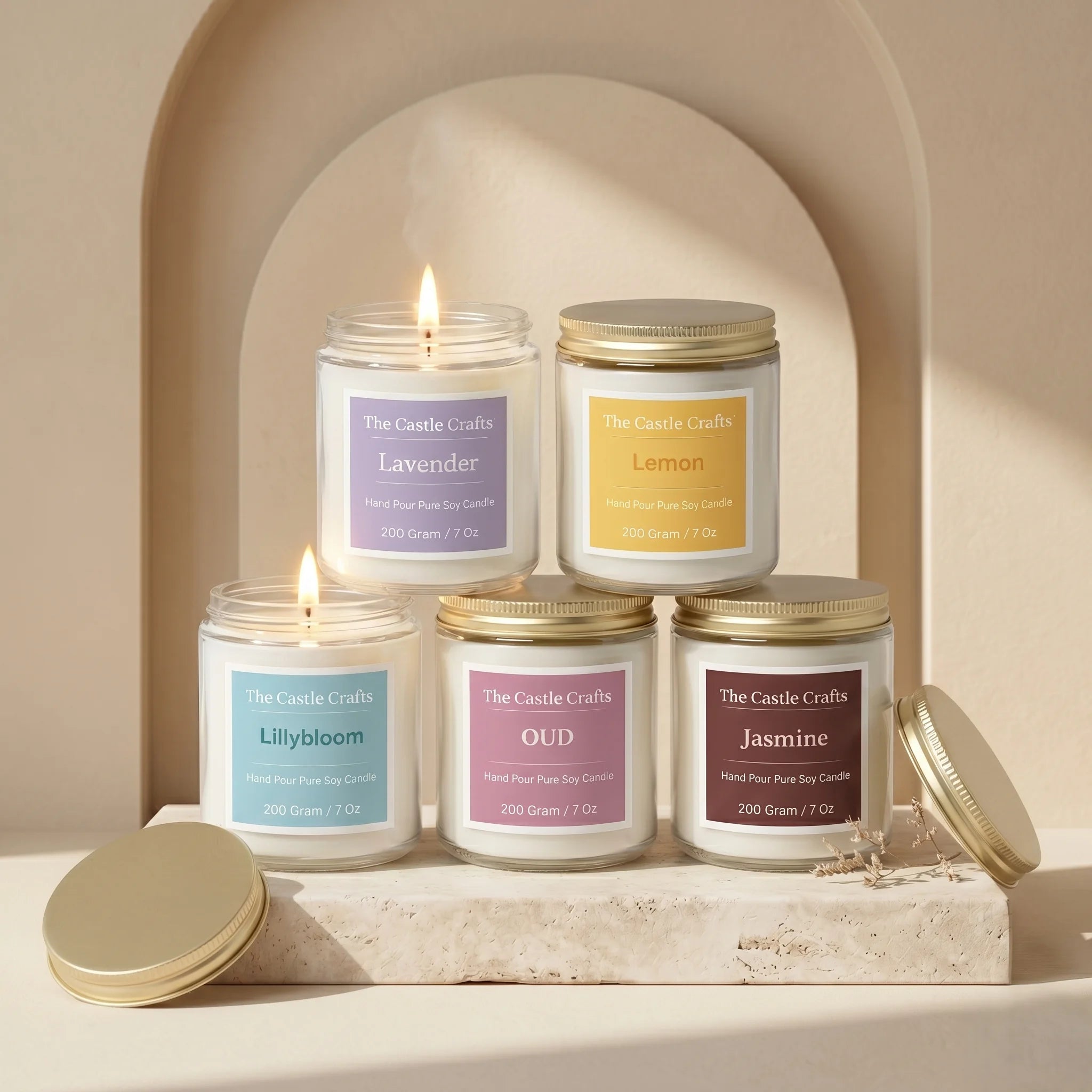 Hand Pour Pure Soy Candle | Clear Glass Jar with Gold Lid | 5 Fragrances — Hand-Blown Glass from Firozabad, India | Home D...
