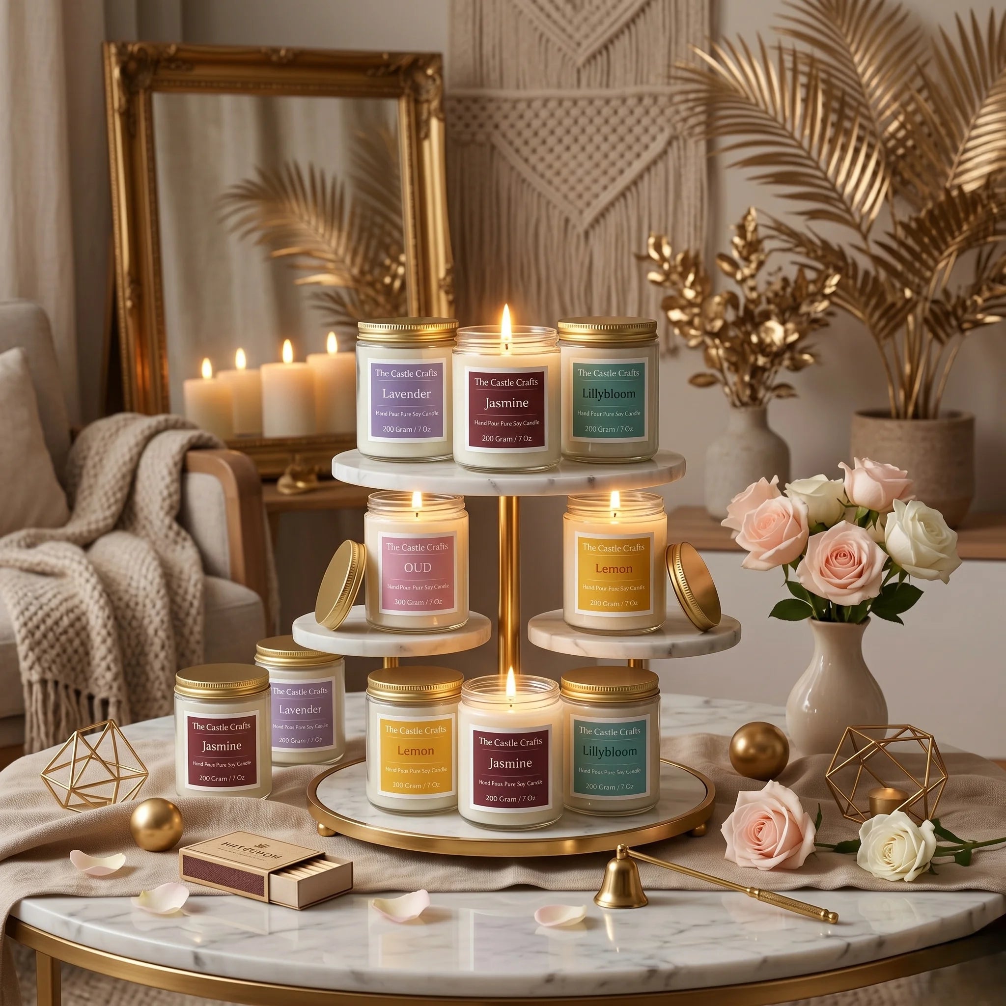 Hand Pour Pure Soy Candle | Clear Glass Jar with Gold Lid | 5 Fragrances — Hand-Blown Glass from Firozabad, India — Textur...