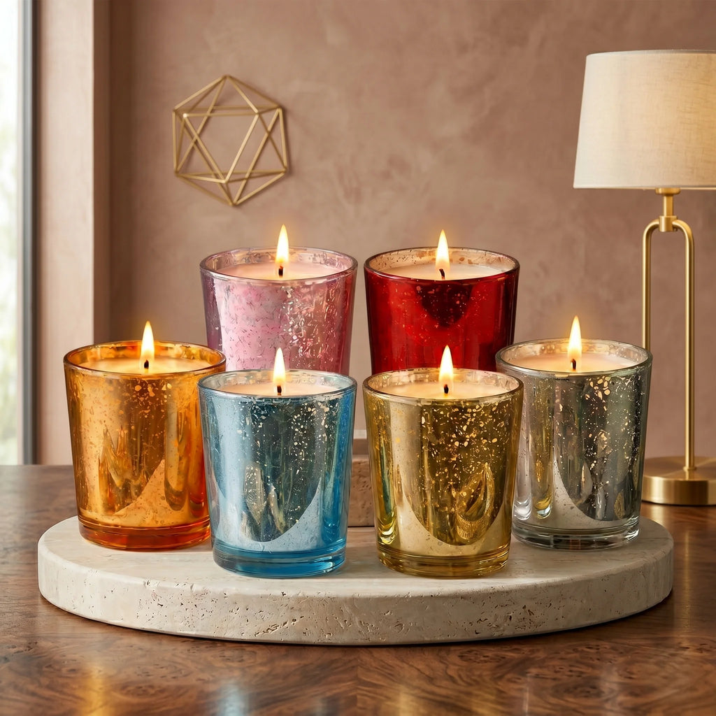 Sandalwood Mercury Glass Votive Soy Wax Candle | 6 colours — Hand-Blown Glass from Firozabad, India | Home Décor, Gifting...