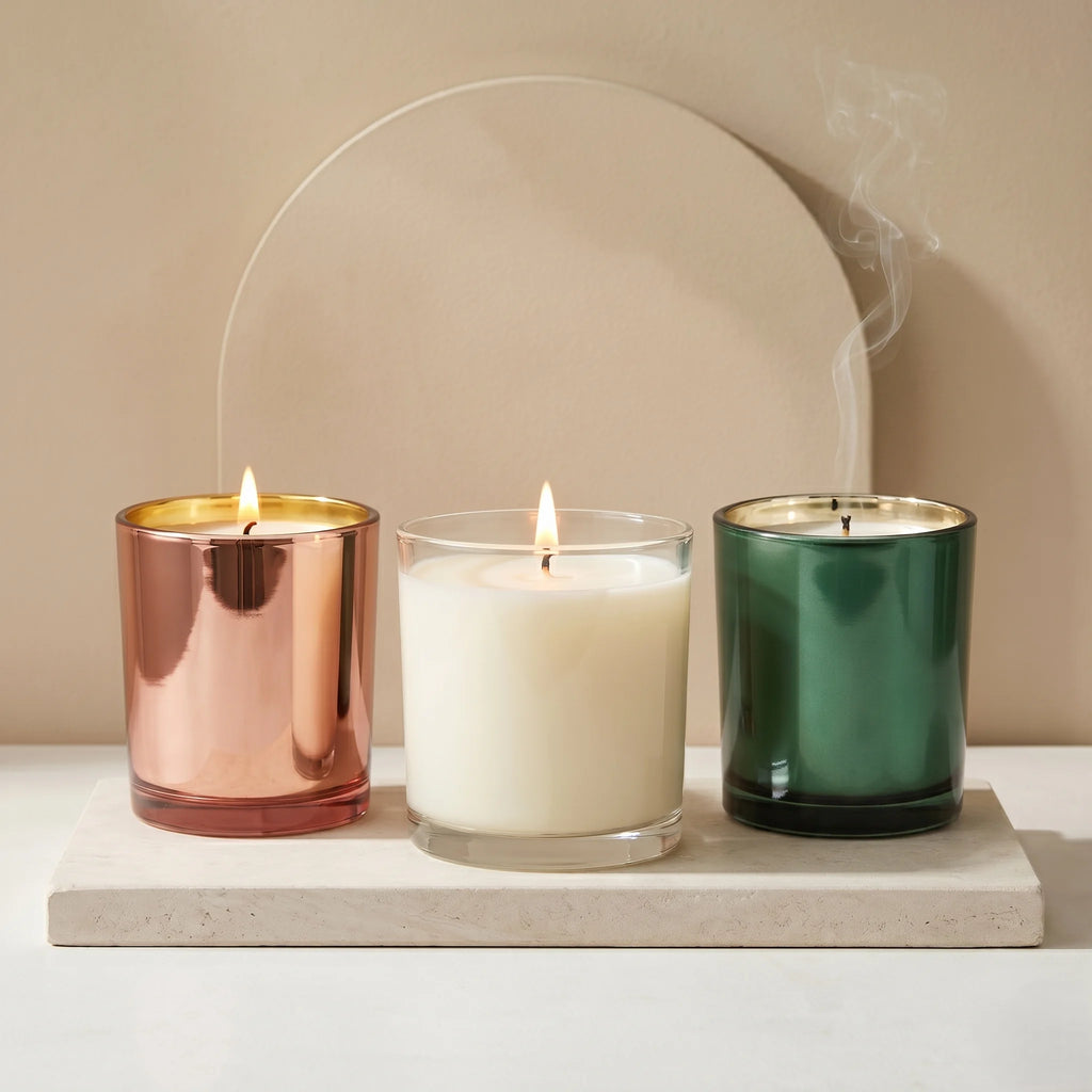 Oud Metallic Glass Votive Soy Wax Candle | Premium Home Décor — Hand-Blown Glass from Firozabad, India — Lifestyle Setting