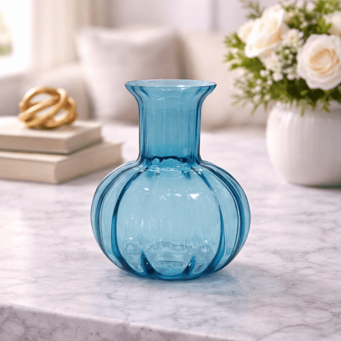 Blue Ribbed Glass Flower Vase