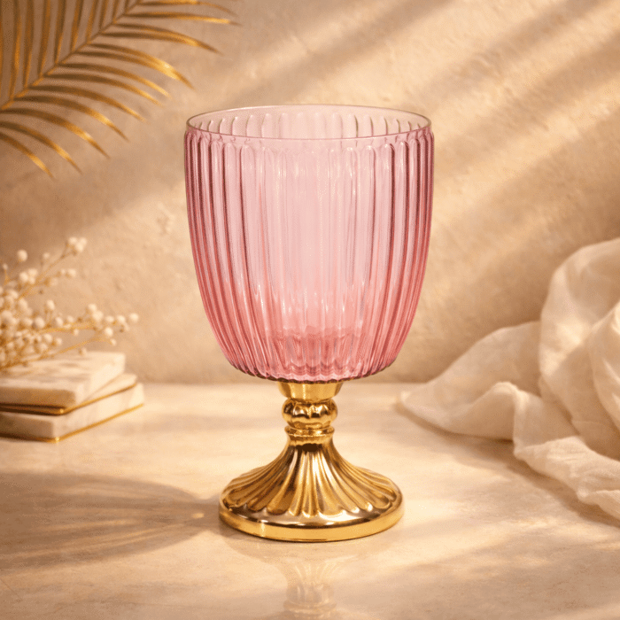 Ribbed Glass Hurricane Candle Holder with Metal Pedestal Base
