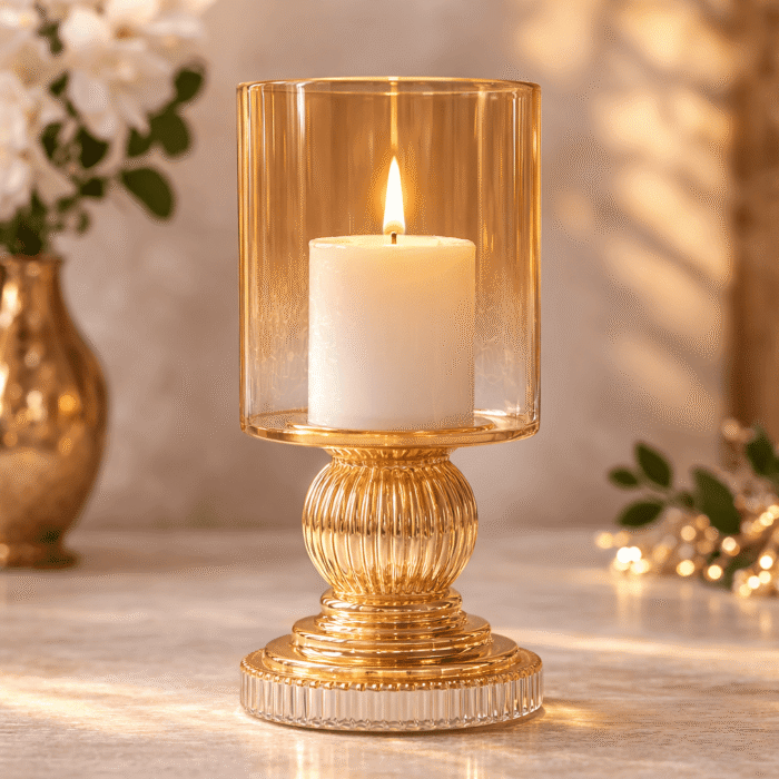 Amber Glass Hurricane Candle Holder with Decorative Pedestal Base