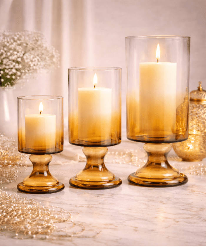 Amber Ombre Glass Hurricane Candle Holder Set with Pedestal Base (Set of 3)