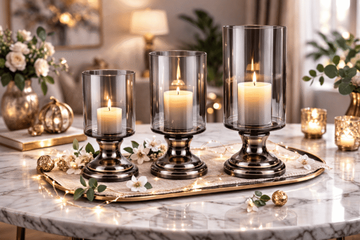 Smoke Grey Glass Hurricane Candle Holder Set with Pedestal Base (Set of 3)