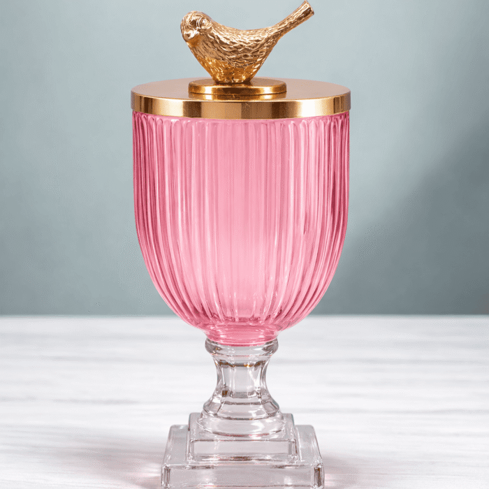 Pink Ribbed Glass Decorative Jar with Bird Lid – Luxury Hamper & Table Decor