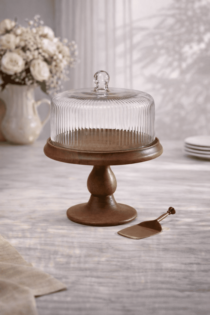 Ribbed Cake Stand With Wooden Stand